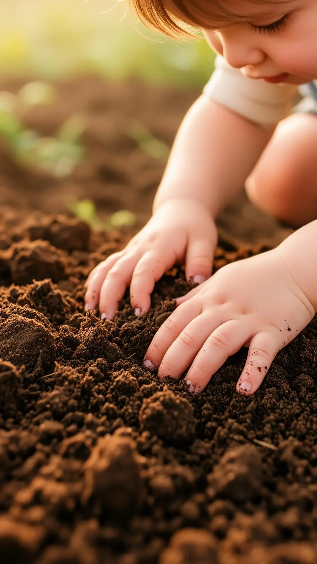 A small child's hands gently touching rich dark soil in morning light